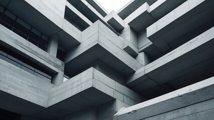 Obraz premium Gray Concrete Building Facade. Architectural Exterior with Geometric Overhangs and Small Windows during Daytime. Modern Structure with Square Design Elements.