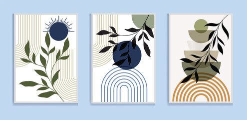 Abstract botanical wall art prints sun moon poster. Contemporary minimalist backgrounds modern boho style. Mid century wall decor, art print. Illustration