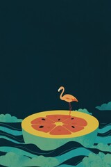 Surreal Vision of a Flamingo Standing on a Giant Slice of Fruit Surrounded by Ocean Waves in an Artistic Representation