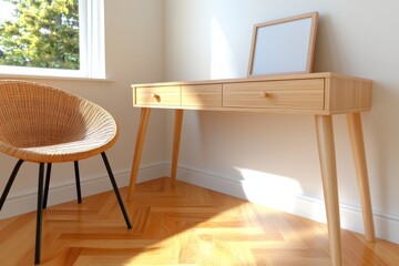 A light wooden desk with two drawers sits next to an A4 frame leaning against the wall. The room has parquet flooring and walls painted in a white color. In front of you, you can see part of