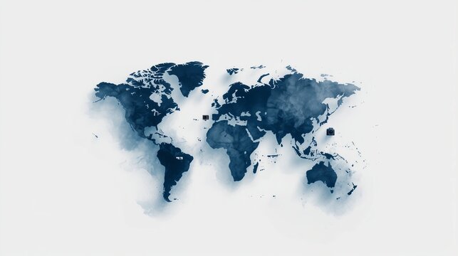 Fototapeta A flat world map in muted blue tones, featuring a small camera icon scattered across countries, showcasing universal press freedom, crisp white background, minimalist vector style