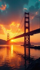 Obraz premium Warm golden light spreads across the sky and suspension bridge at sunset, yellow, explosion of color