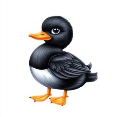 Obraz premium Cute Cartoon Duck Character with Black Feathers and Orange Beak Standing on White Background