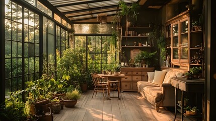 Serene Conservatory: An inviting conservatory interior filled with lush greenery, elegant wooden furniture, and bathed in soft sunlight.
