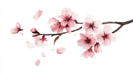 Delicate pink sakura flowers bloom on branch, with petals gently falling, creating serene and tranquil atmosphere, perfect for spring themes