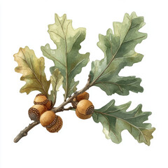 single oak branch with acorns, showcasing detailed leaves and natural colors, perfect for nature themed designs and illustrations