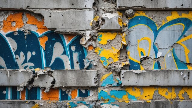 Old gray concrete wall with blue orange yellow graffiti. Cracked weathered brick background with street art.