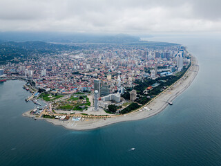 Aerial drone shot to View of Batumi. Adjara. Modern and historic buildings in the resort town. Georgia. 