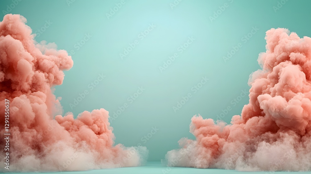 Poster ethereal image of floating heart shaped clouds in a soft pastel sky background with a smooth and emp