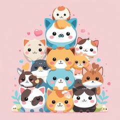 Naklejka premium Cute Cartoon Cats Stack on Pink Background. Diverse Colorful Kittens Tower with Hearts and Flowers. Illustration of Funny Cats Pile Together
