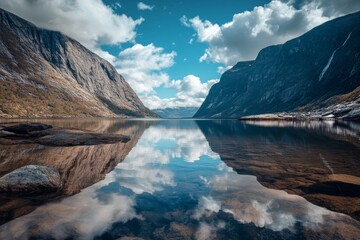 Stunning lake landscape with blue sky and cloud reflections captured in breathtaking photography
