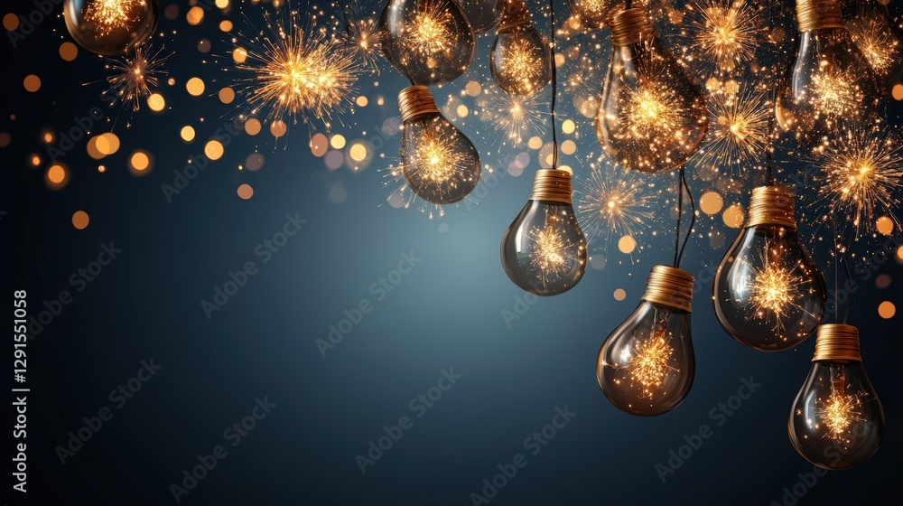 Poster glowing light bulbs with sparkles on a dark background creating a warm ambiance and artistic atmosph