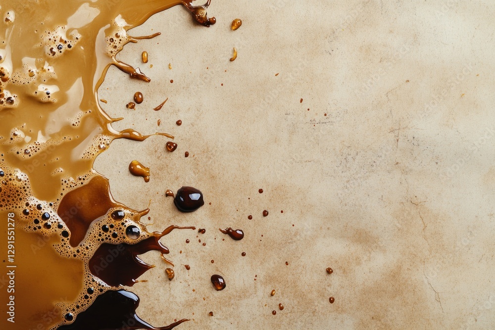 Poster brown liquid splash on a textured background creating an abstract design in warm tones