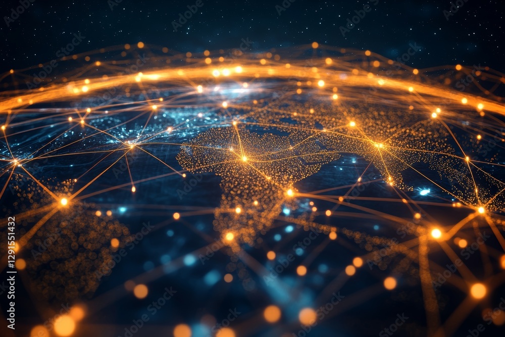 Poster digital map illustration of global connectivity with glowing data transfer lines in dark background