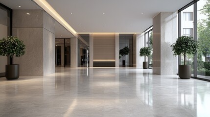 Modern hotel lobby interior with plants and glass facade