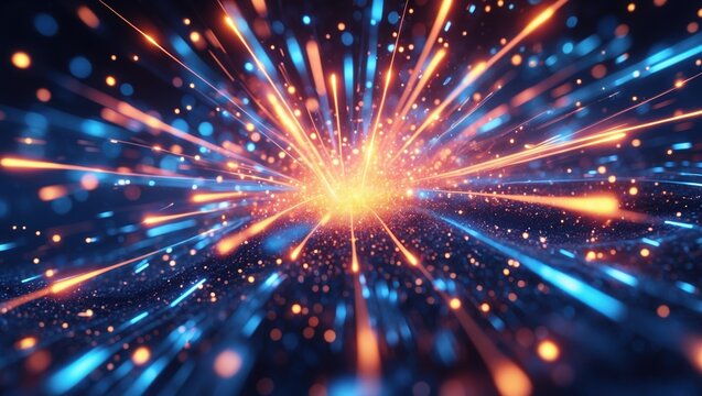 Bright light exploding with many blue and orange beams. Glowing dots flow outward from light burst in central dark backdrop.