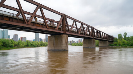 Fototapeta premium wide angle shot of massive steel bridge spanning river, surrounded by greenery and urban buildings. cloudy sky adds dramatic touch to scene