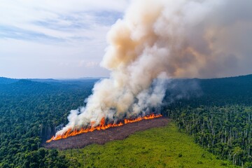 Fototapeta premium Dramatic View of Deforestation with Smoke Rising from Burning Forest