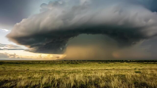A colossal supercell storm dominates the sky over endless grasslands, casting dark, swirling clouds and streaks of rain on the horizon.