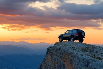 A rugged off-road vehicle parked on the edge of an alpine cliff, illuminated by the golden light of the setting sun. The scene captures the car's silhouette against the backdrop of majestic