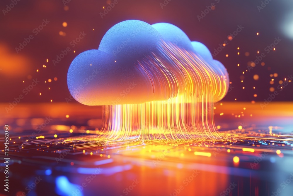 Poster 3d visualization of a cloud with data streams on a circuit board in orange and blue colors