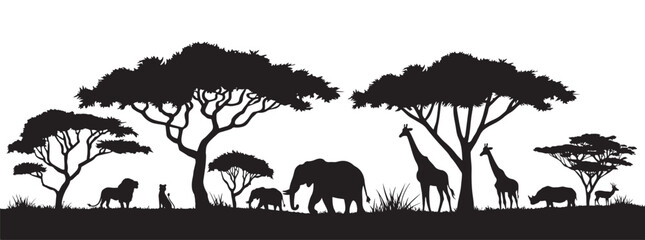 An African safari animal silhouette landscape scene. Silhouettes of Savannah animals among trees, including giraffes, lions, elephants, rhinos and deer. © Zaid
