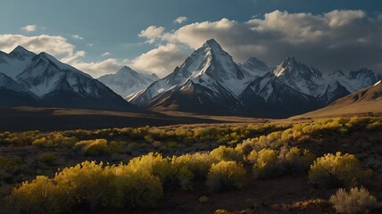 Sunlit Valley Framing Snow-Capped Mountains