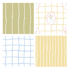 Hand-Drawn Pastel Geometric Patterns Set – Stripes, Grids, and Abstract Textures. Boho Geometric and Floral Patterns, Checkered, Lines, and Doodle Elements, Organic Grid and Line Textures