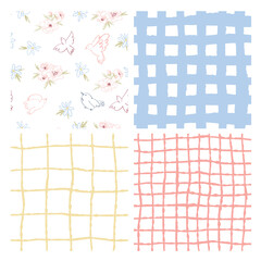 Hand-Drawn Pastel Geometric Patterns Set – Stripes, Grids, and Abstract Textures. Boho Geometric and Floral Patterns, Checkered, Lines, and Doodle Elements, Organic Grid and Line Textures