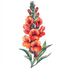 Vibrant snapdragon flower illustration with orange petals and green leaves, showcasing intricate details and hand drawn style that evokes sense of natural beauty