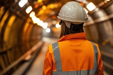 Worker in Safety Gear Observes Underground Tunnel with Bright Lights Ahead for Infrastructure Project