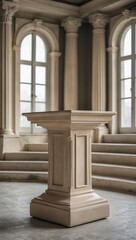 Naklejka premium Stone pedestal stands indoor. Classic building with arched windows, stairs and white stone columns in background
