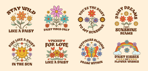 Retro daisy flowers vector set. Daisies flower graphic bundle for t-shirt designs