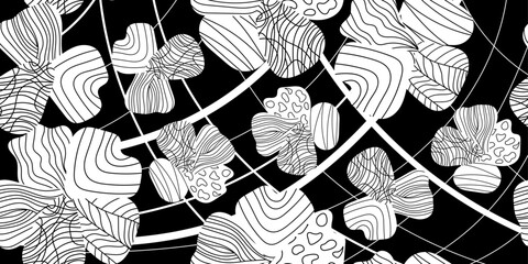 Abstract seamless black and white hand-drawn doodle flowers pattern with lines. Monochrome vector illustration for wallpapers, backgrounds, backdrops, wrapping, business, banners, textile	