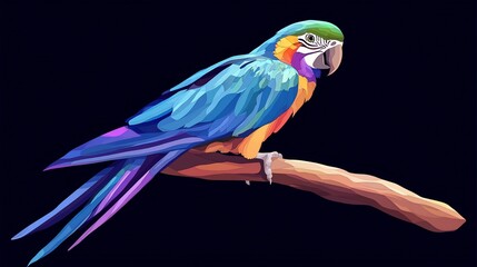 Obraz premium Blue-Gold Macaw Perched on Branch, Dark Background, Graphic Art