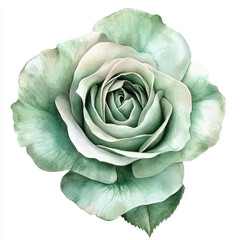 soft mint green watercolor rose with delicate petals and lush leaves, showcasing unique botanical beauty and elegance. Perfect for floral designs and artistic projects