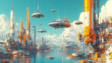 Obraz premium Floating city, futuristic vessels, harbor