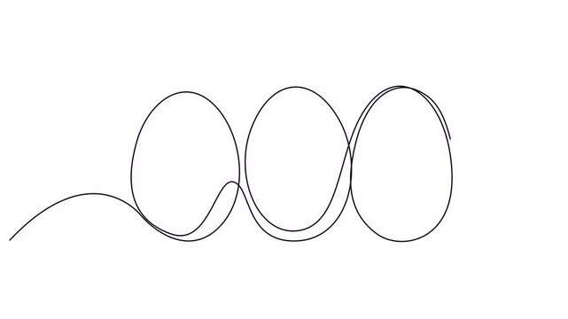 Self drawing animation of continuous one line drawn three eggs. Black and white minimalist line design element for Easter holidays.