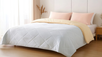 Fototapeta premium soft pastel quilted blanket draped across neatly made bed, creating cozy and inviting atmosphere. light colors enhance serene bedroom setting