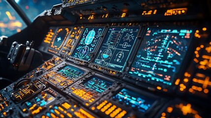 Obraz premium Futuristic aircraft cockpit with advanced digital displays and controls.