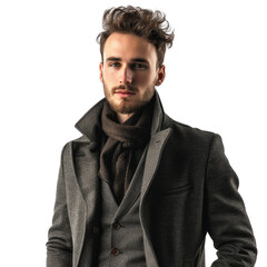 Obraz premium Young Man in Stylish Overcoat and Scarf Posing Confidently