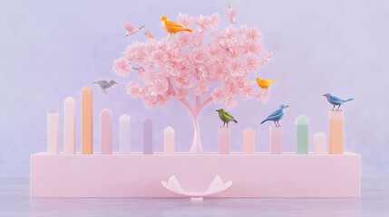 Pastel birds on cherry blossom tree, geometric podium