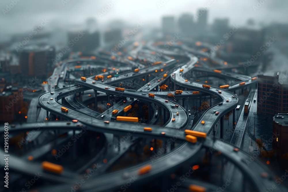 Poster expansive aerial view of a sprawling metropolitan hub featuring an intricate web of highways railway