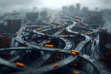 Expansive aerial view of a sprawling metropolitan hub featuring an intricate web of highways railways and pipelines that intertwine to facilitate worldwide supply chains