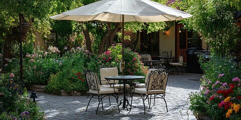 Obraz premium Charming outdoor caf, with wrought iron furniture and lush floral displays enhancing the rustic ambiance of the scene