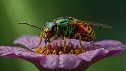 Vibrant Green Wasp on Purple Flower