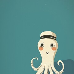 Adorable Kawaii Octopus Wearing Sailor Hat Floating in Blue Ocean Background