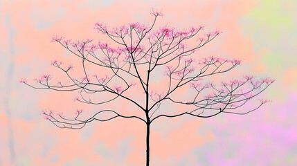 Fototapeta premium Pink blossoms tree, pastel sky backdrop