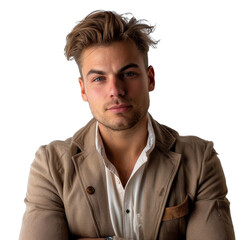 Obraz premium Confident Young Man Posing in Stylish Blazer with Thoughtful Expression