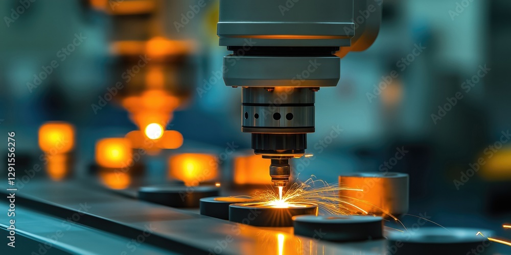 Poster close-up of industrial robots performing precision tasks, showcasing sparks and advanced technology 